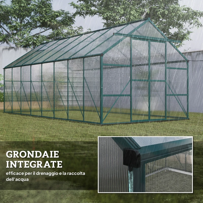 Outsunny Serra da Giardino in Policarbonato, Metallo e Alluminio, Anti-UV e Antivento, 244x500x216cm, Verde