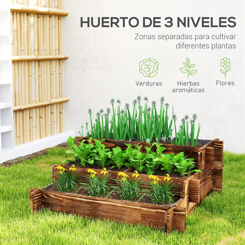 Outsunny Arriate de Jardín de 3 Niveles con Diseño de Escalera y Tela no Tejida para Cultivos Flores 93x93x35 cm Carbonizado