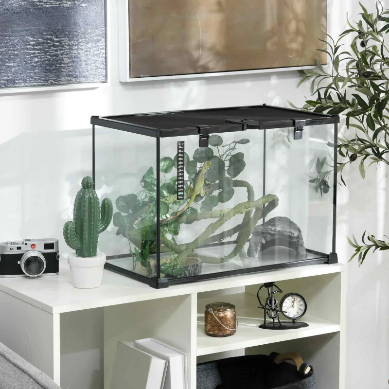 PawHut Boîte à reptiles habitat de terrarium transparent couvercle coulissant treillis métallique noir