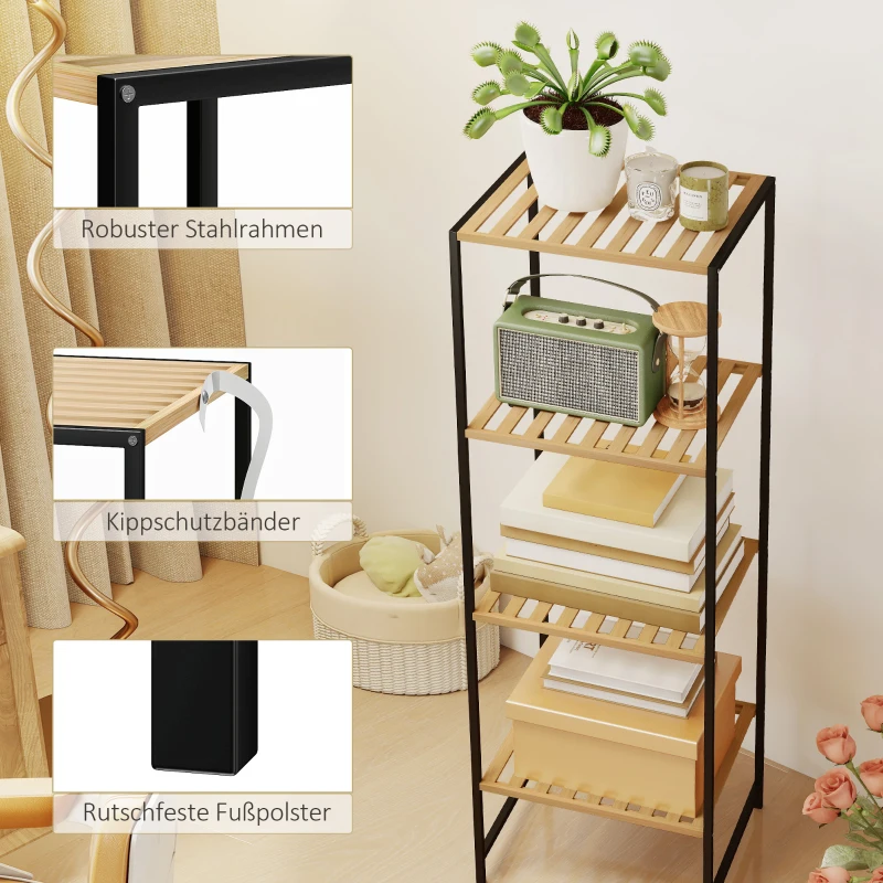 HOMCOM Standregal Badregal aus Bambus und Stahl, mit 4 Ablagen, 4-stöckiges Bücherregal, 36,5 x 33 x 110 cm, Natur