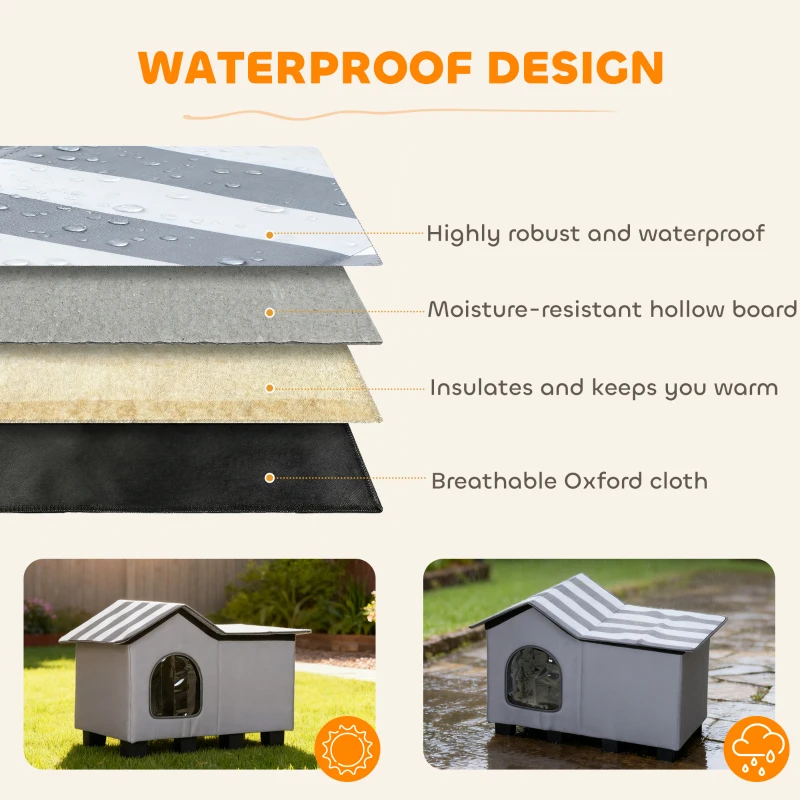 PawHut Outdoor Cat House, Weather Resistant Feral Cat Cave with Elevated Base and Cushion for Winter, Grey