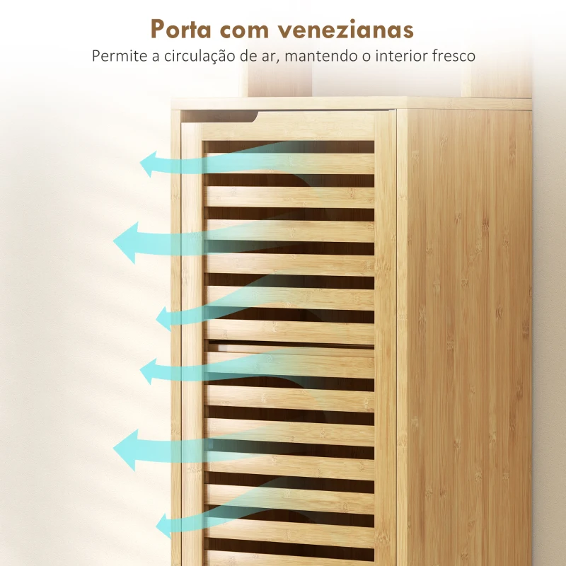 HOMCOM Coluna Casa de Banho de Bambu com 3 Prateleiras Abertas Portas de Ripas Prateleiras Ajustáveis 34x30x170 cm Madeira