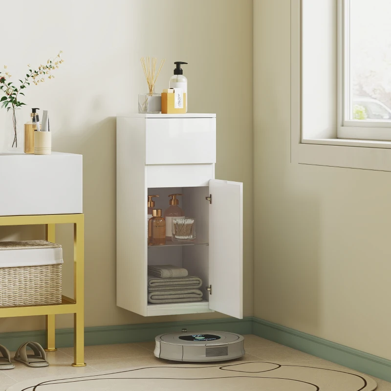 HOMCOM Mobiletto Bagno Sospeso con Cassetto, Anta Lucida e Ripiano in Vetro Regolabile, Bianco