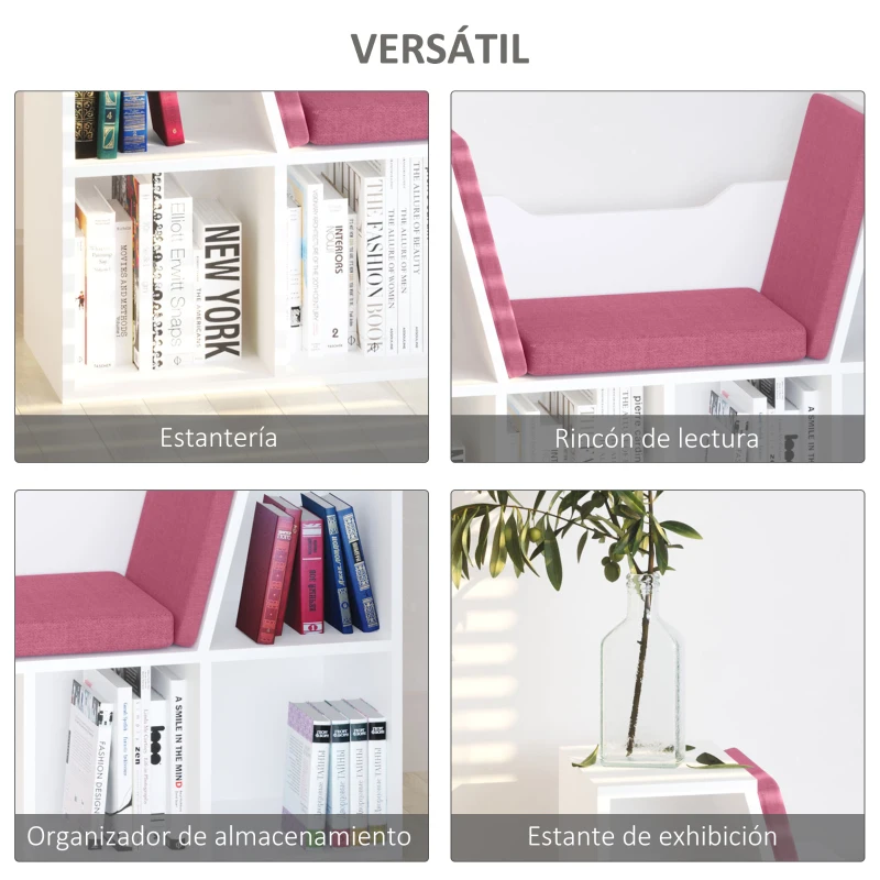 HOMCOM Librería con Asiento Estantería de Libros con 6 Cubos Cojín para Sala de Estar Dormitorio 102x30x61cm Blanco y Rosa