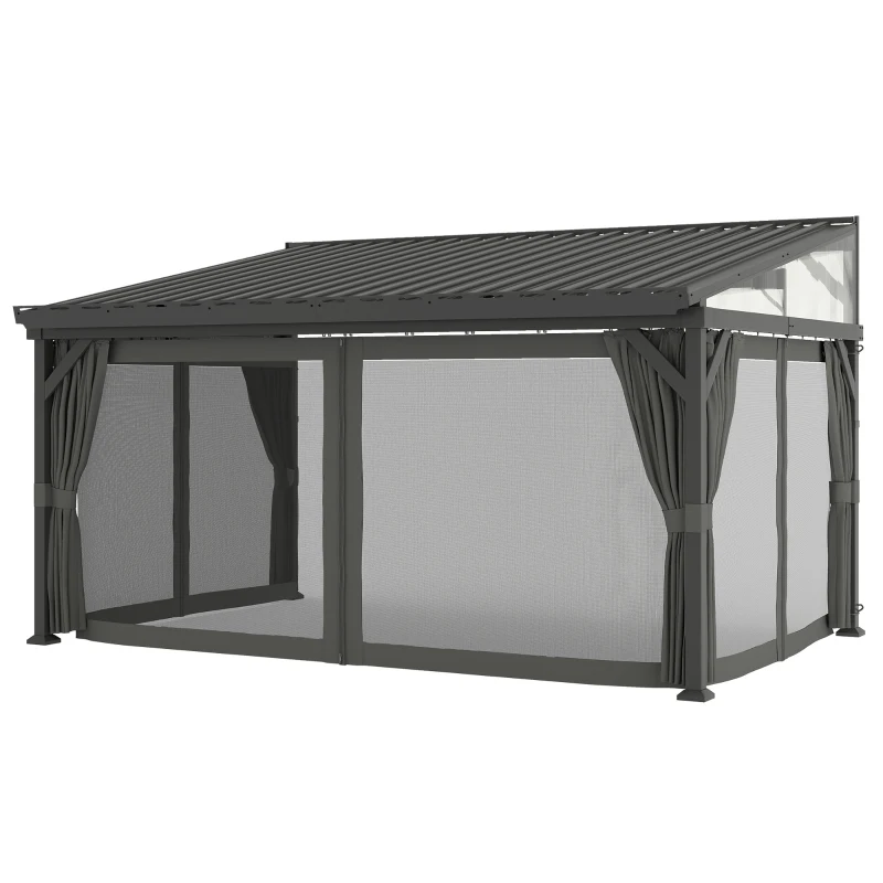Outsunny 4.3 x 3 m Garden Pergola with Galvanised Steel Roof, Lean to Pergola Gazebo with Netting Curtains, Dark Grey