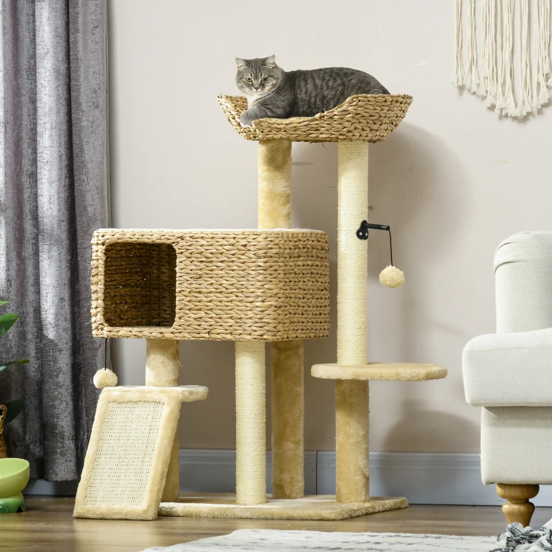 PawHut Arbre à chat avec griffoir niche panier d'observation plateformes pompon suspendus 60 x 40 x 98 cm beige