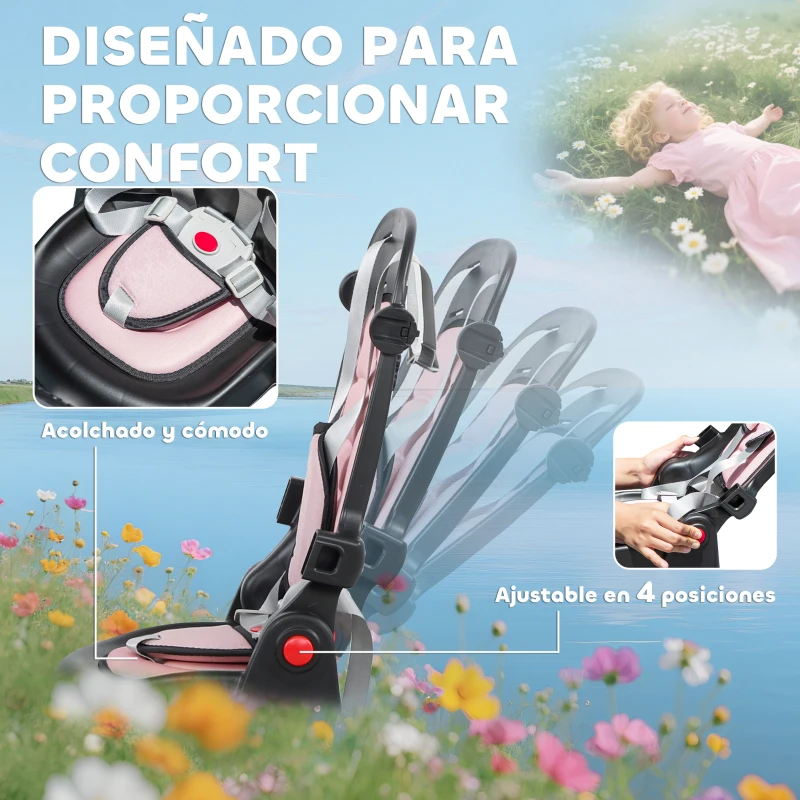 AIYAPLAY Triciclo Evolutivo 6 en 1 Plegable Asiento Giratorio de 360° Mango Parental Respaldo Reclinable Toldo Rosa