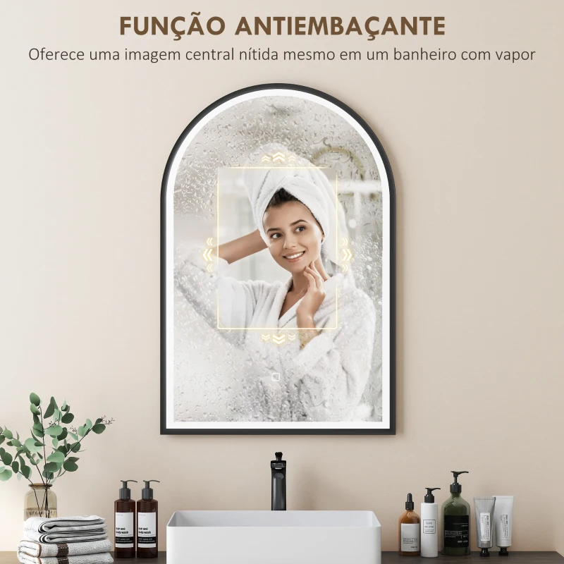 HOMCOM Espelho de Casa de Banho com Luz 60x90 cm Espelho de Parede Arqueado 3 Cores de Luz Brilho Regulável Função Antiembaçiamento Preto