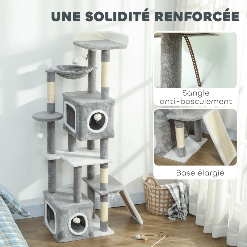 PawHut Arbre à chat tour de jeux pour chats centre d'activités 2 niches plateformes hamac échelle et 4 pompons 165 cm gris