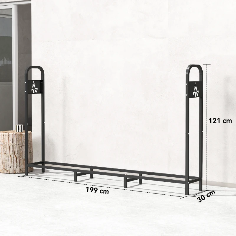 Outsunny Suporte Metálico para Lenha 199x30x121 cm Suporte para Lenha de Exterior com Estrutura de Aço Pés Extra Preto