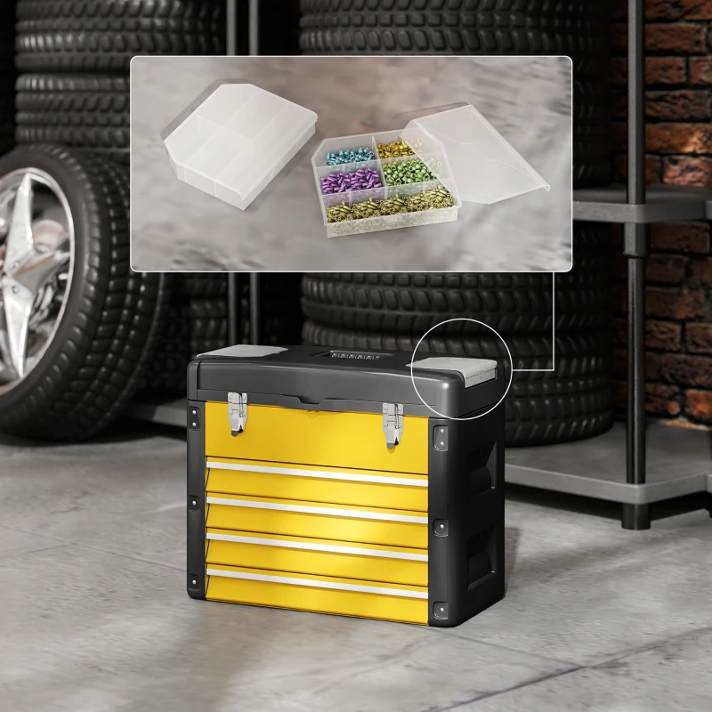 HOMCOM Boîte à outils à 4 tiroirs, caisse à outils en acier thermolaqué avec plateau amovible, 49,7x25,3x40,7cm, jaune