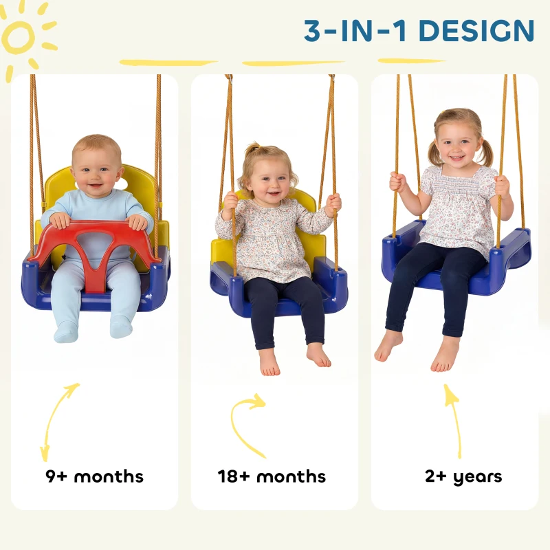 Outsunny 3 in 1 Detachable Kids Swing Seat with Seatbelt, Adjustable Rope for Indoor, Outdoor, Dark Blue