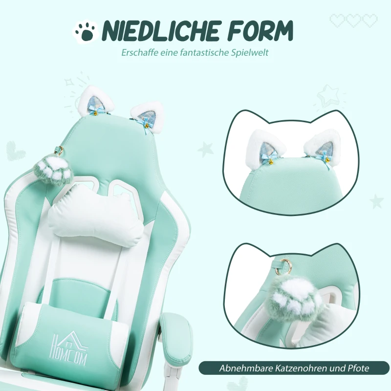 HOMCOM Gaming-Sessel mit Katzenohren, neigbare Lehne, ausziehbare Fußstütze, bis 120 kg belastbar, Seeblau