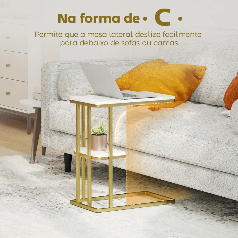 HOMCOM Mesa Auxiliar Estrutura em C Mesa Auxiliar Estreita de 2 Níveis com Prateleira 50x30x57,5 cm Branco Efeito Mármore