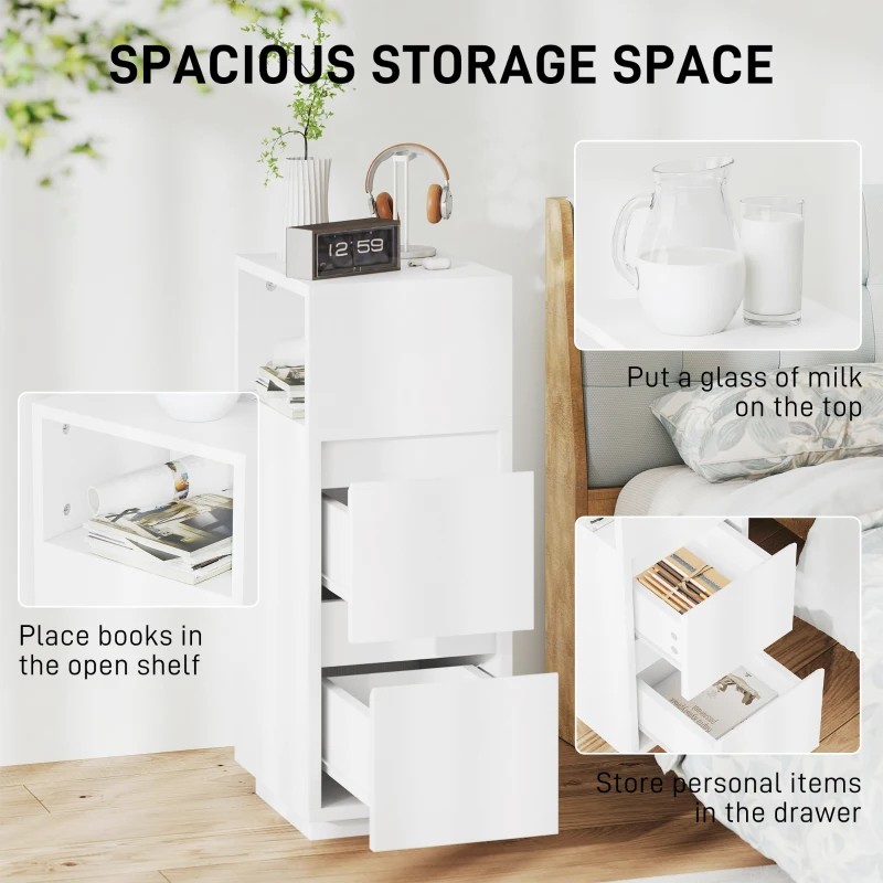 HOMCOM Slim Bedside Table, Narrow Bedside Cabinet with Open Shelf and 2 Drawers for Bedroom, Living Room, White