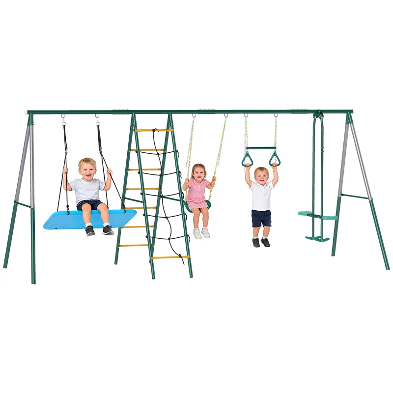 AIYAPLAY 5-in-1 Schaukelgestell mit verstellbarer Nestschaukel Turnringe Doppelsitzer Klettergerüst für 3-8 Jahre 440x175x203 cm