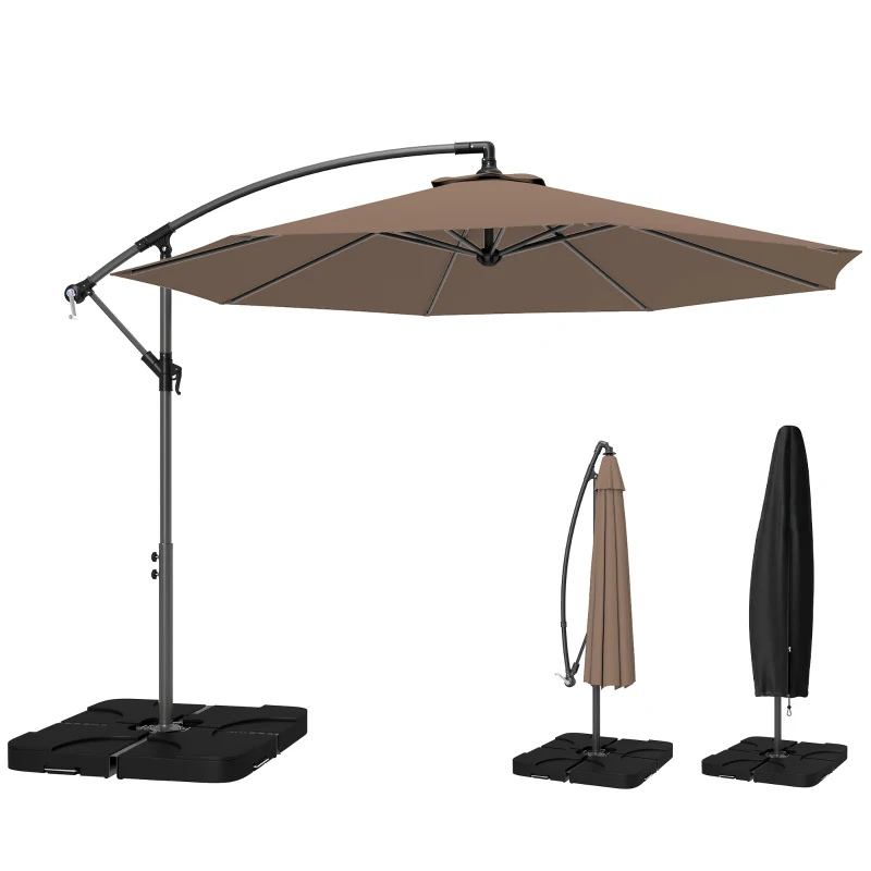 Outsunny 3(m) Garden Banana Parasol Cantilever Umbrella with Crank Handle, Cross Base, Weights and Cover for Outdoor, Hanging Sun Shade, Coffee