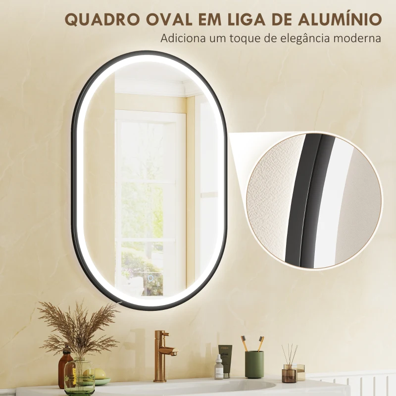 HOMCOM Espelho de Casa de Banho com Luz 60x90 cm Espelho de Parede Oval 3 Cores de Luz Brilho Regulável Função Antiembaçiamento Memória Preto
