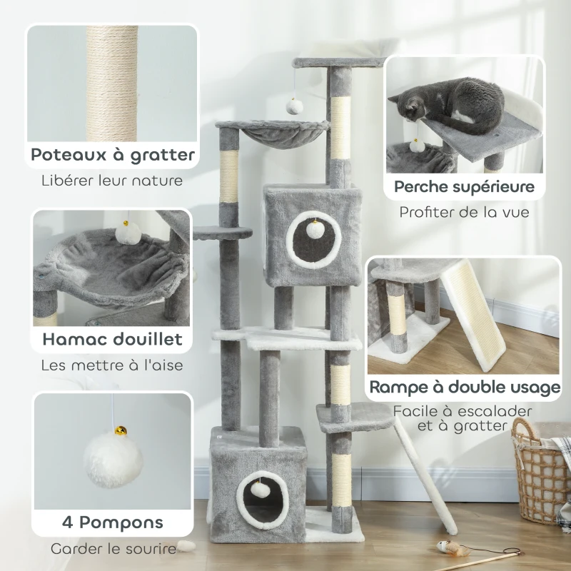 PawHut Arbre à chat tour de jeux pour chats centre d'activités 2 niches plateformes hamac échelle et 4 pompons 165 cm gris
