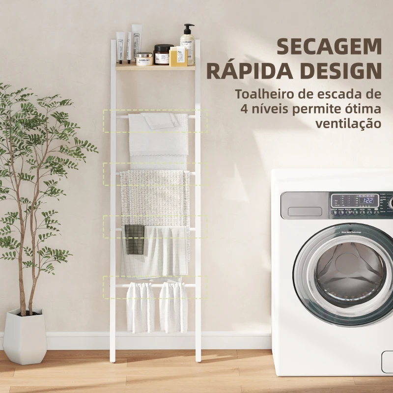 HOMCOM Toalheiro de Escada com Prateleira Superior e 4 Barras Suporte de Toalhas para Encostar na Parede  43x20x151 cm Branco e Carvalho
