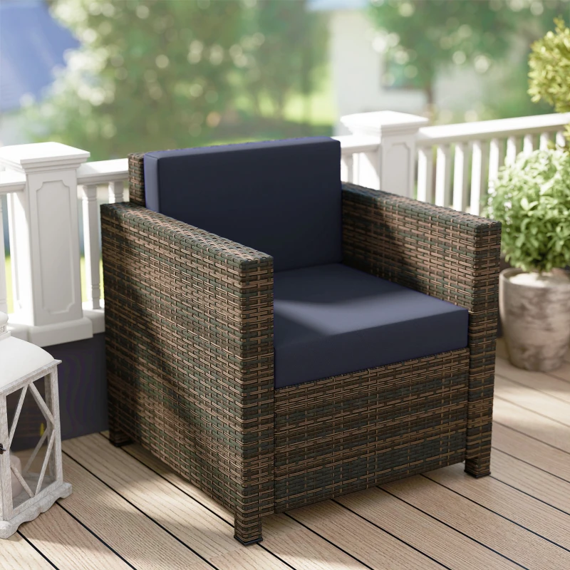 Outsunny PE Rattan Garden Armchair with Cushion - Mixed Brown/Navy Blue