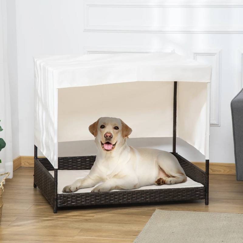 PawHut Lit Surélevé pour Chien Chat avec Coussin et auvent Toile Amovibles pour Extérieur et Intérieur dim. 91L x 71l x 81H cm résine tressée