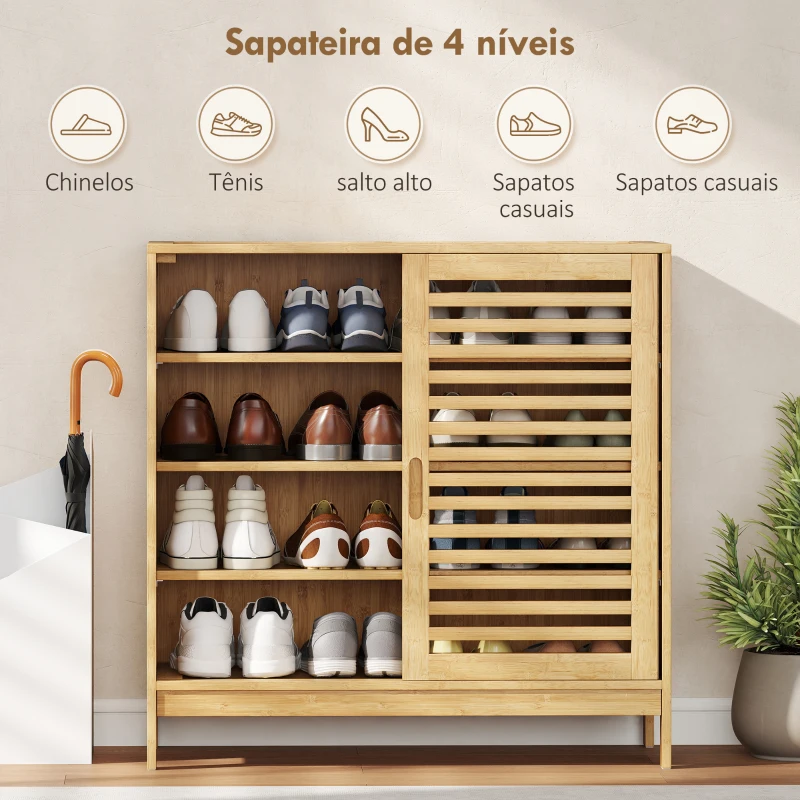 HOMCOM Sapateira de Bambu com 2 Portas de Correr de Ripas Sapateira de Entrada com Prateleiras Ajustáveis para 16 Pares de Sapatos 80x35x80 cm Madeira