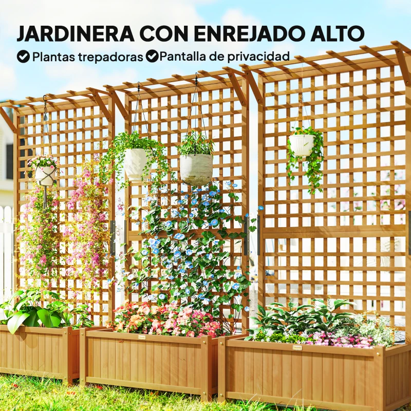 Outsunny Jardinera con Celosía de Madera para Enredaderas Cultivo de Plantas para Patio Terraza 90x45x183 cm Natural