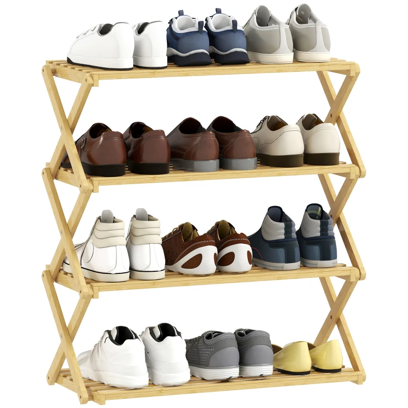 HOMCOM Zapatero Estrecho de Bambú Zapatero Vertical Plegable de 4 Niveles Sin Instalación Natural