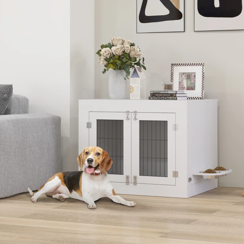 PawHut Cage pour chien intérieur caisse pour chien en bois 2 bols rotatifs à 360° 2 portes chien moyenne 80 x 60 x 63 cm blanc