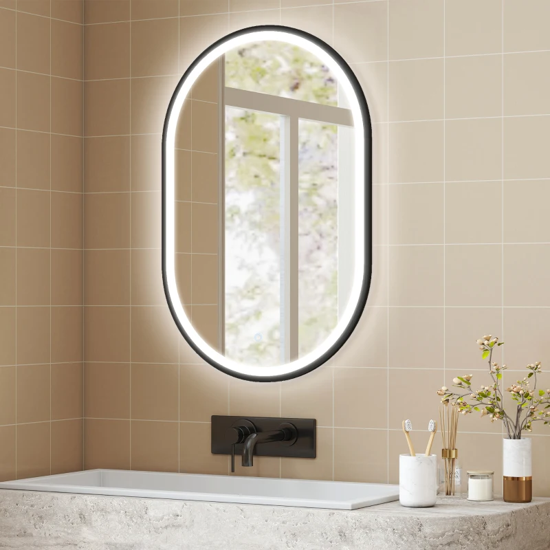 HOMCOM Espejo de Baño con Luz 60x90 cm Espejo de Pared Ovalado 3 Colores de Luz Brillo Regulable Función Antivaho Negro