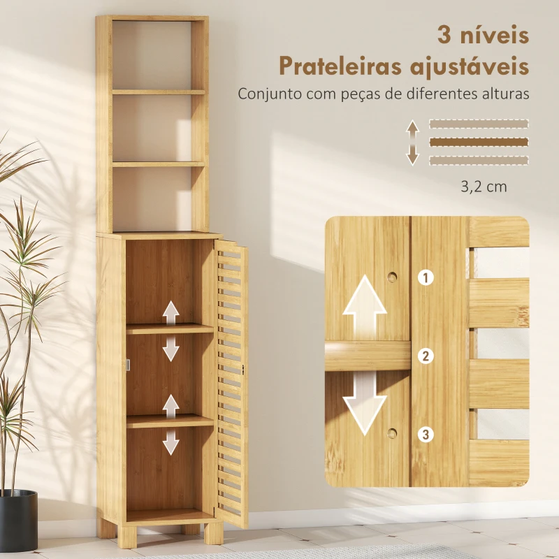 HOMCOM Coluna Casa de Banho de Bambu com 3 Prateleiras Abertas Portas de Ripas Prateleiras Ajustáveis 34x30x170 cm Madeira