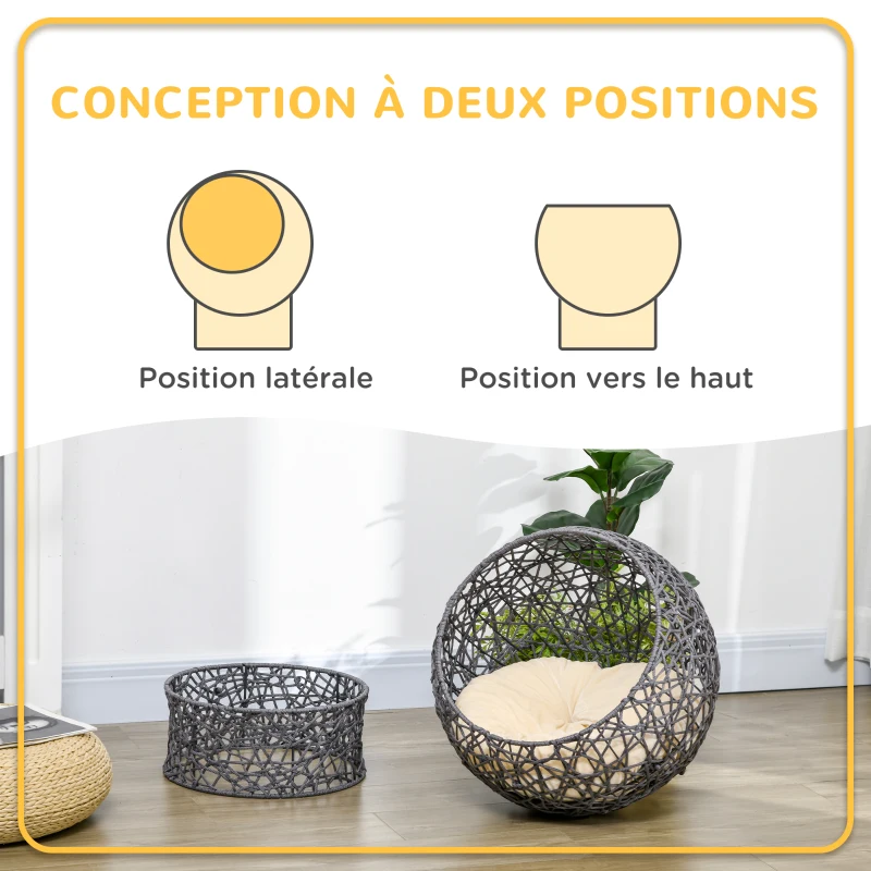 PawHut Panier chat lit surélevé chat cosy niche grotte 50 x 50 x 60 cm coussin moelleux crème inclus, corde en polyester violet