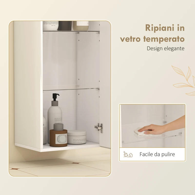 HOMCOM Mobiletto Bagno Pensile con 2 Ripiani in Vetro Regolabili e Anta Senza Maniglia, Bianco Lucido