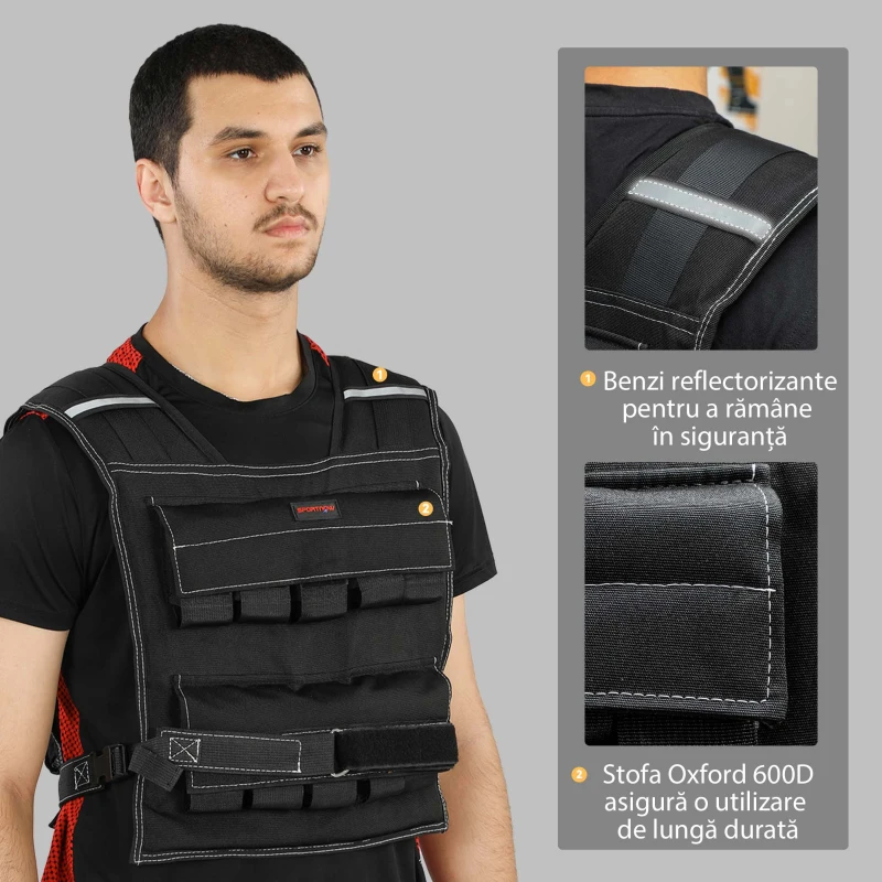SPORTNOW Vestă cu Greutăți Reglabilă 20kg cu 20 de Greutăți, Vestă cu Benzi Reflectorizante, Potrivire Strânsă pentru Antrenament Acasă, Alergare și Fitness, Material Oxford, 50x40 cm, Negru