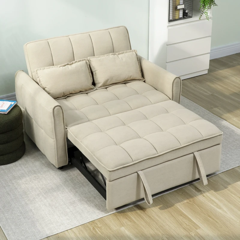 HOMCOM 2 Seater Sofa Bed, 3-in-1 Convertible Sleeper Sofa with Click-clack Adjustable Backrest and 2 Pillows, Light Brown