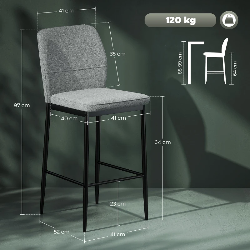 HOMCOM Set de 2 Taburetes Altos con Tapizado Aterciopelado y Patas de Acero para Cocina Comedor Barra 41x52x97 cm Gris