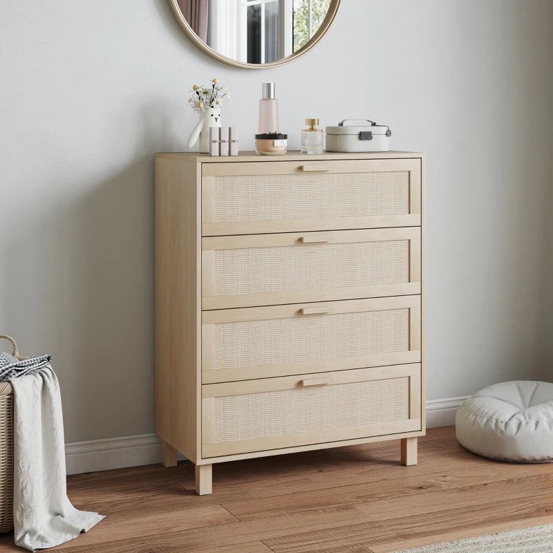 HOMCOM Kommode 4 Schubladen Rattangeflecht Maße 80L x 40l x 103H cm MDF Hellholz-Optik