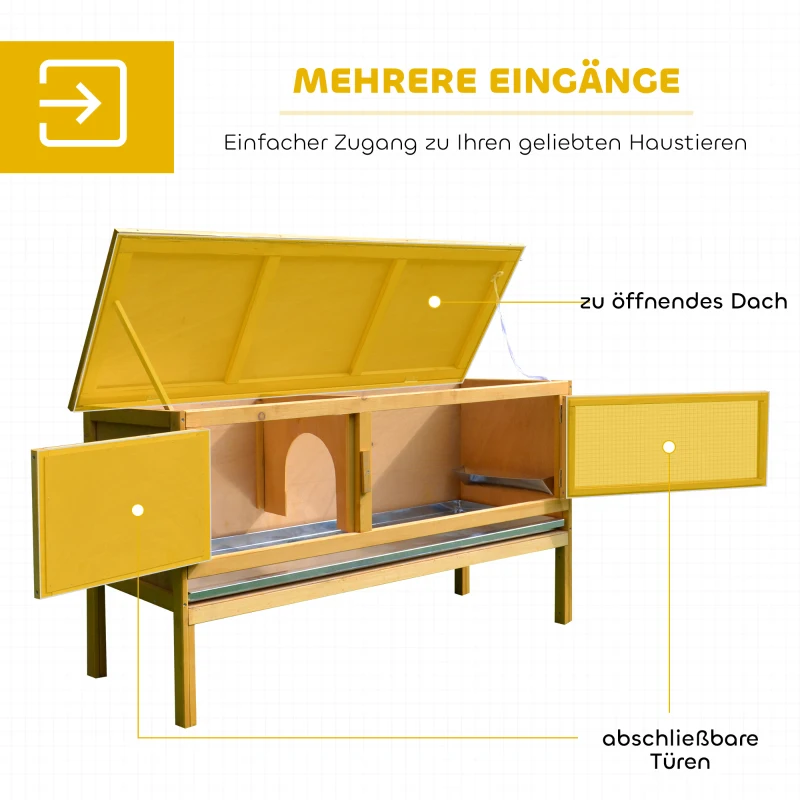 PawHut Hasenstall Kaninchenstall aus Holz mit aufklappbarem Dach, 2 Türen, auslaufsicherer Schale, 115x44,3x65 cm Hellgelb