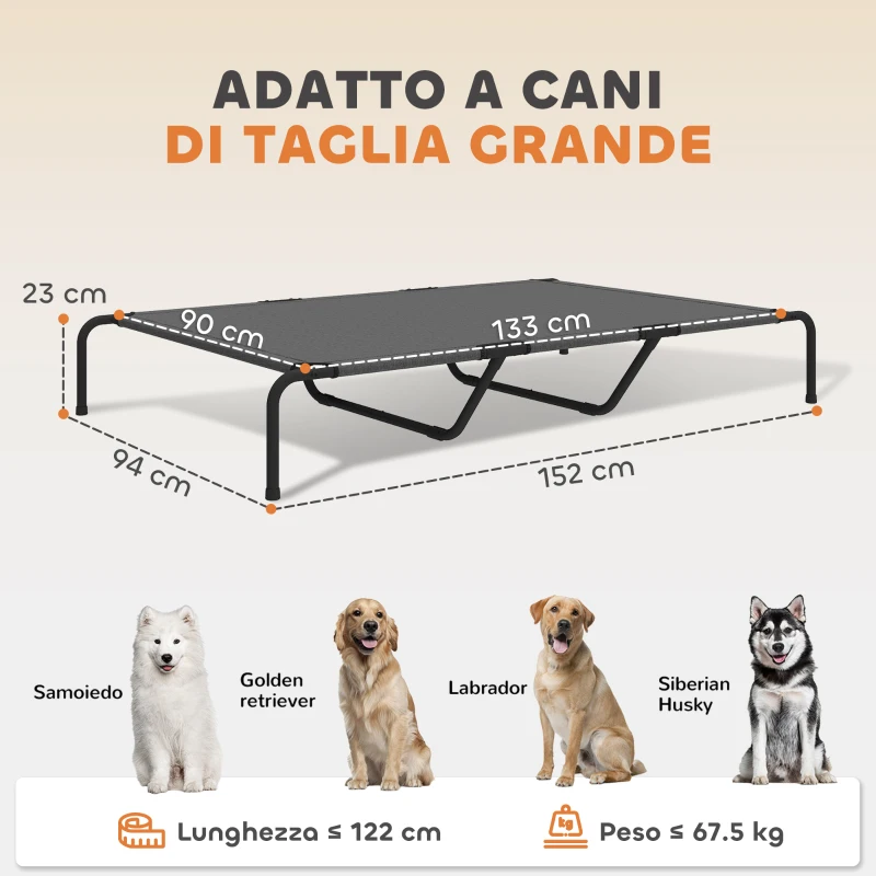 PawHut Lettino per Cani Grandi Rialzato da Esterno in Acciaio e Rete Traspirante, 152x94x23 cm, Grigio