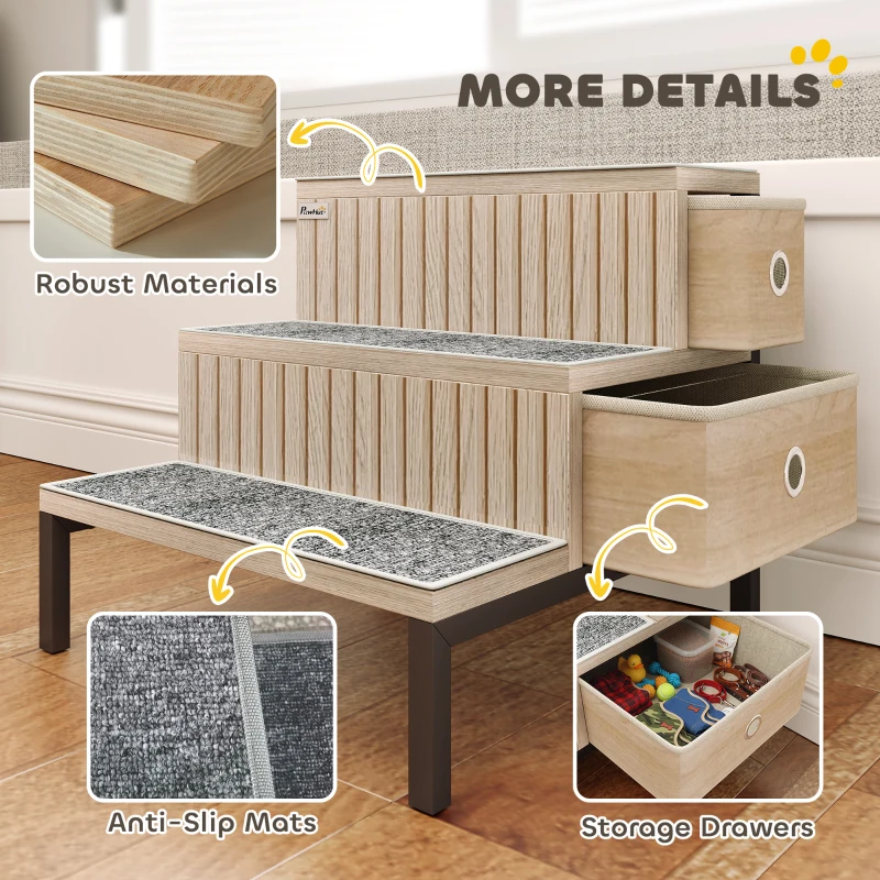 PawHut Dog Stairs with Storage, Non-Slip Cover, Pet Steps for Small Dogs & Older Cats, for Sofa, High Bed, Oak Tone