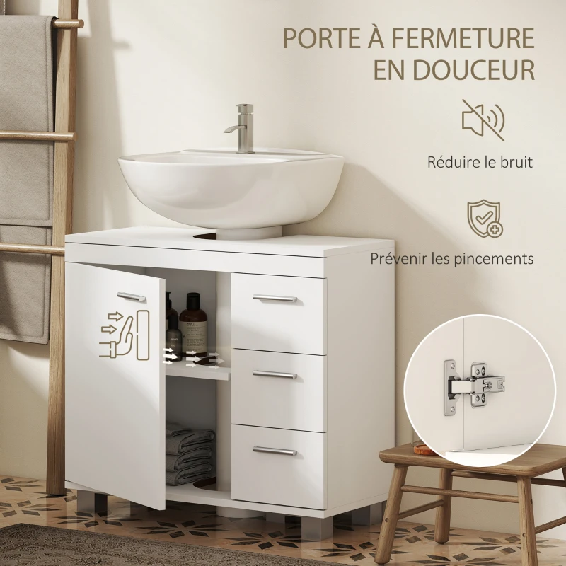HOMCOM Meuble sous lavabo, meuble de salle de bain avec 3 tiroirs et porte à fermeture amortie, 70 x 30 x 64 cm, blanc