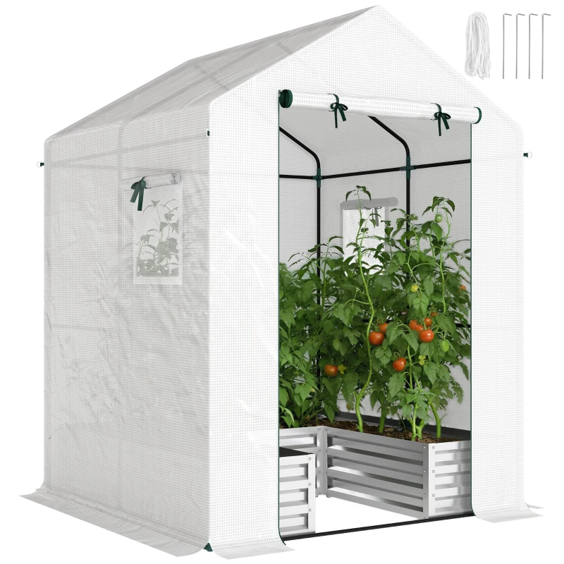 Outsunny Mini Greenhouse with Raised Garden Bed, Galvanised Walk-in Greenhouse with Roll Up Windows, 56" x 56" x 75", White