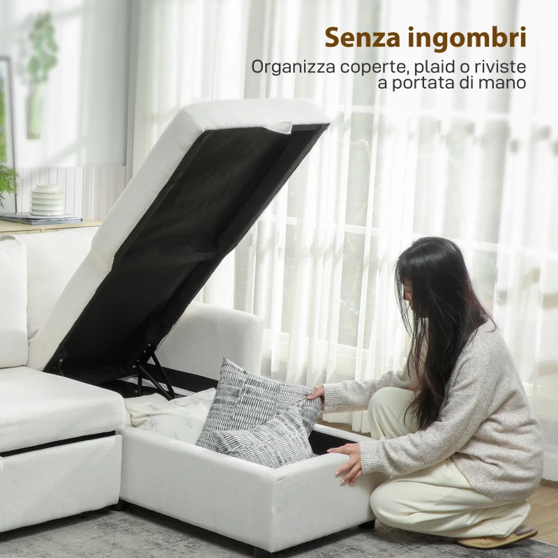 HOMCOM Divano Letto Angolare Effetto Lino con Vano Portaoggetti a Scomparsa, 192x148x86 cm, Bianco Crema
