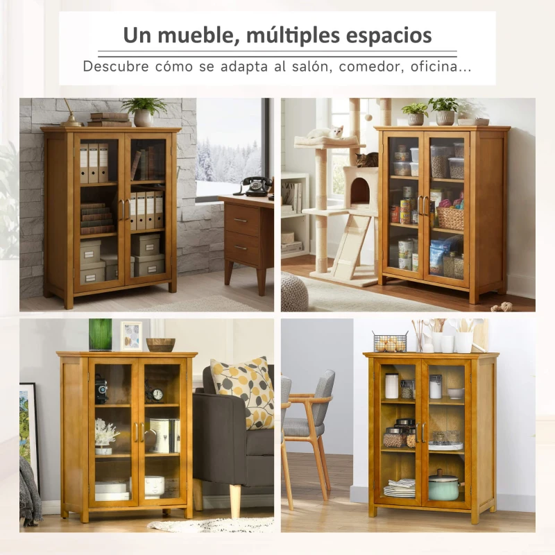 HOMCOM Aparador Vitrina para Colecciones con 2 Puertas de Vidrio Estantes Ajustables Estilo Vintage Librería Baja 66x31,8x86,8 cm Nogal