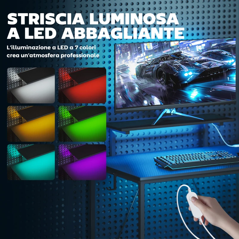 HOMCOM Scrivania Gaming Angolare con LED, Prese Elettriche, Supporto per Monitor e Scaffale, Nero