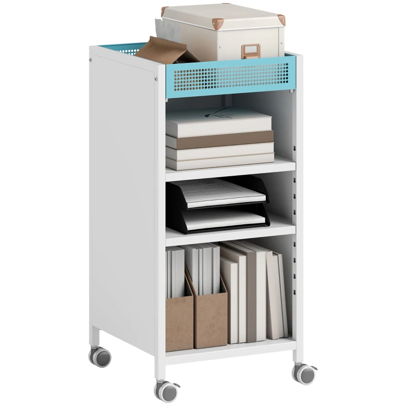 HOMCOM Bibliotecă mobilă cu rafturi reglabile, 3-stufiger Rollwagen mit oberem Korb, Weiß
