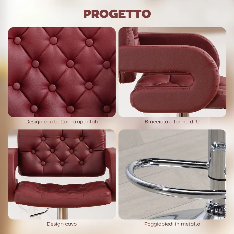 HOMCOM Sgabello da Bar con Schienale e Braccioli, Altezza Regolabile e Poggiapiedi, Finta Pelle Rosso