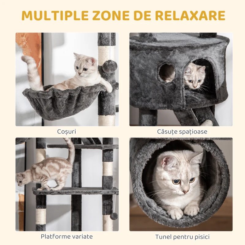 PawHut Ansamblu de Joacă de Tavan pentru Pisici Multinivel cu Înălțime Reglabilă 240-260 cm, cu Cuști și Scări, Gri