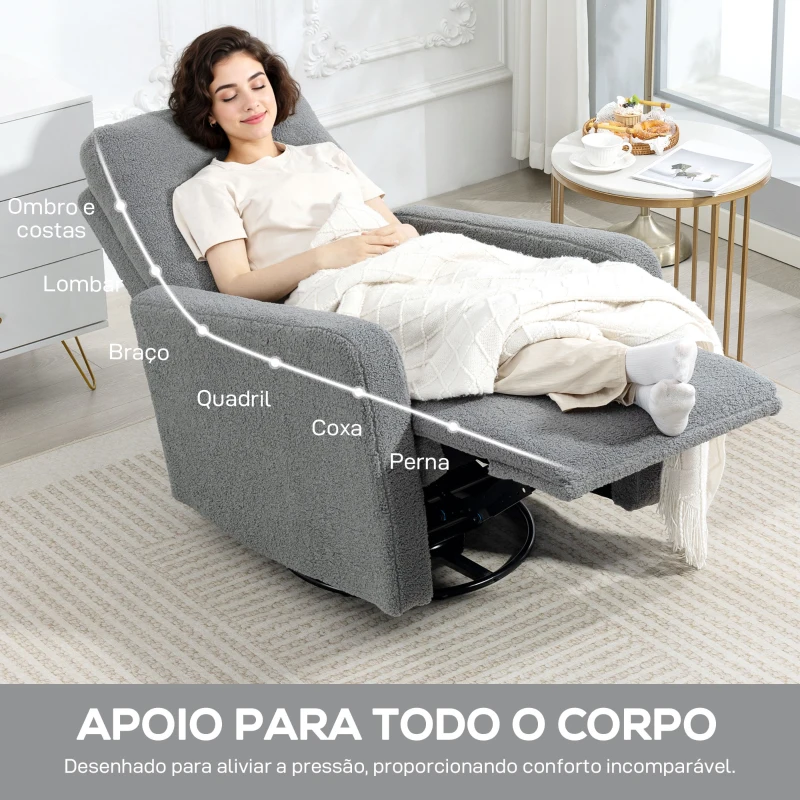 HOMCOM Poltrona Relax Reclinável Manual Poltrona Relax de Borreguito com Função de Baloiço 360° Reclinável até 135º 76x94x100 cm Cinza